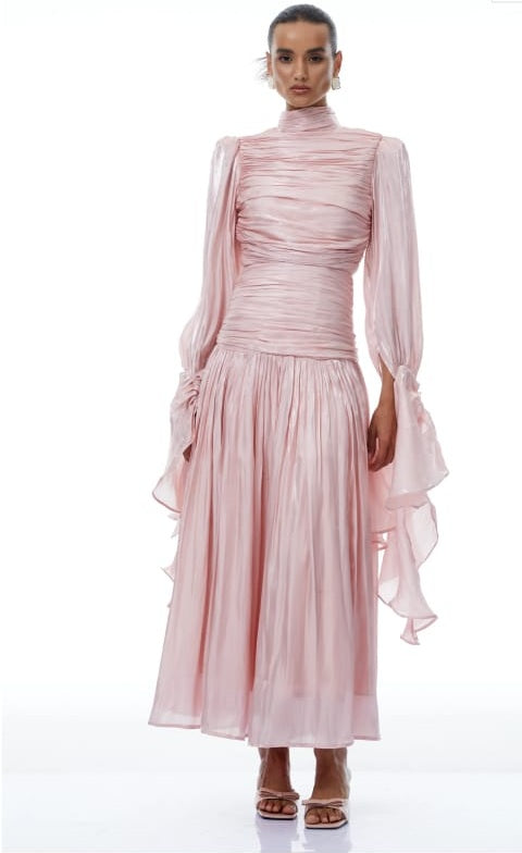 Sarolta Pink Glossy Ruched Maxi Dress-pink