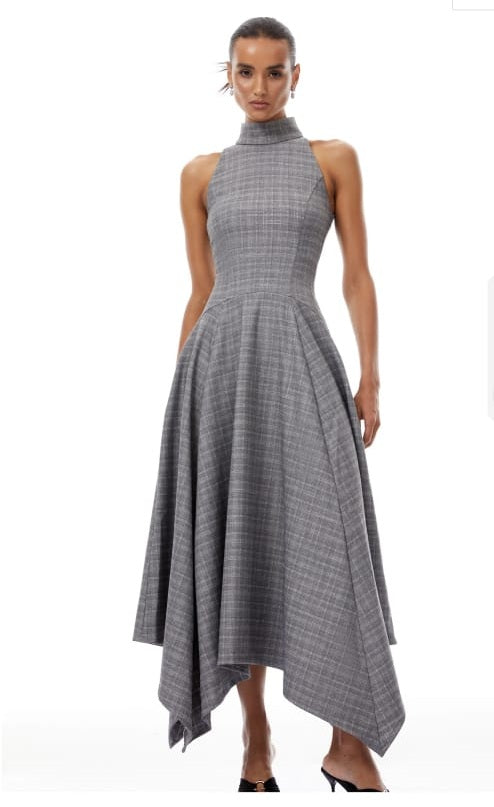 Wilhemine Grey Checked Tweed Maxi Dress (Without Belt)
