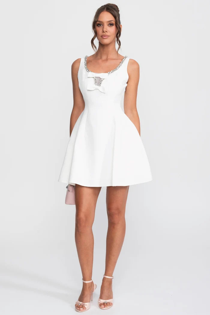 Crystal Trim Fit-and-Flare Mini Dress With Chest Bows - White