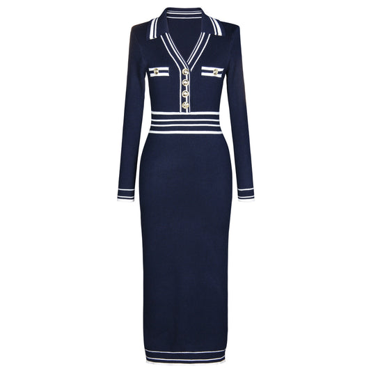 Knitted Lapel Patchwork Slim Long Sleeve Dress