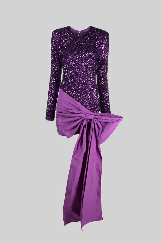 Elegant Sequin Dress With Asymmetric Bow Detailing - Purple