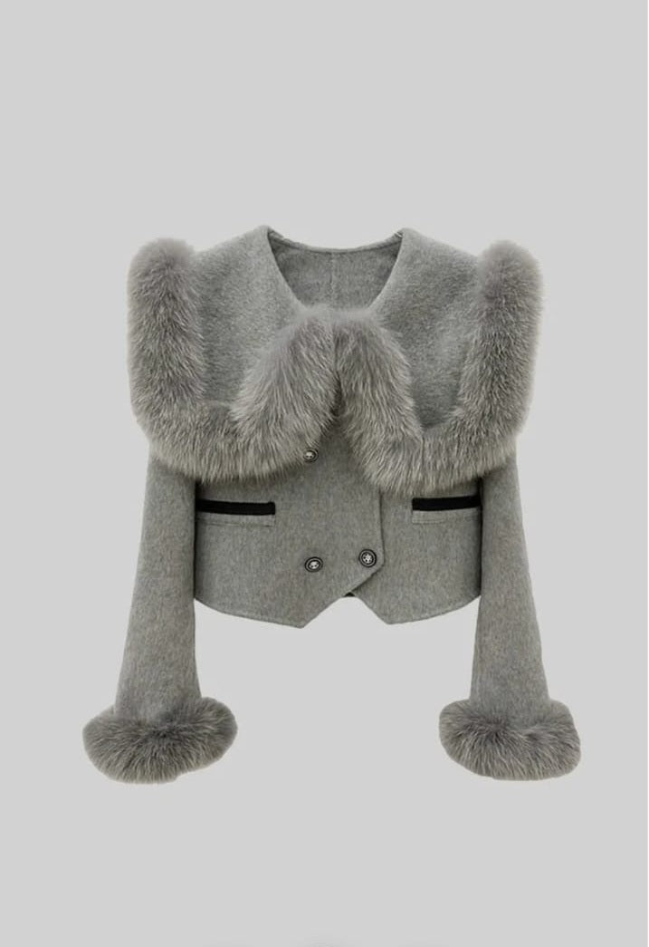 Double Breasted Cropped Jacket With Fur Collar Embellishment - Gray