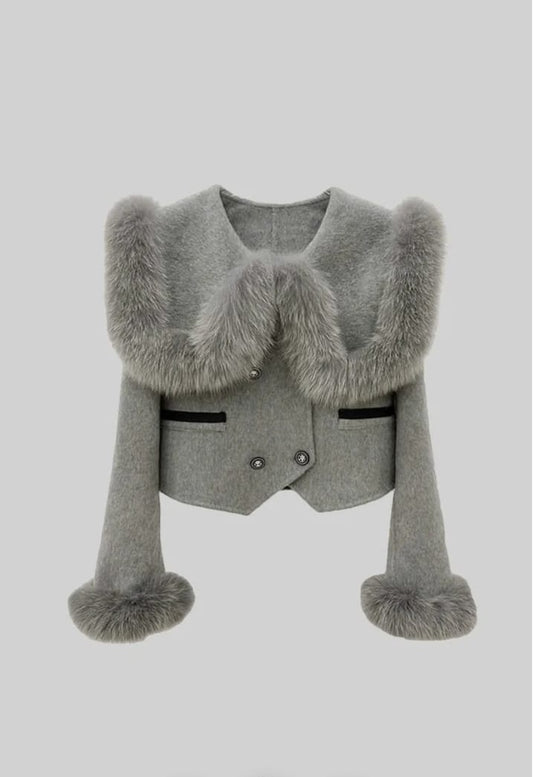 Double Breasted Cropped Jacket With Fur Collar Embellishment - Gray