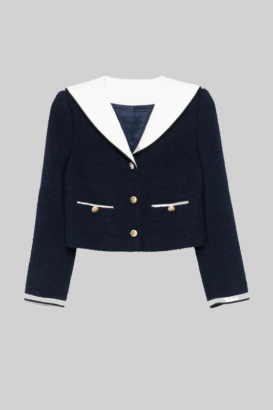 Tweed Cropped Jacket with Contrast Collar - Navy