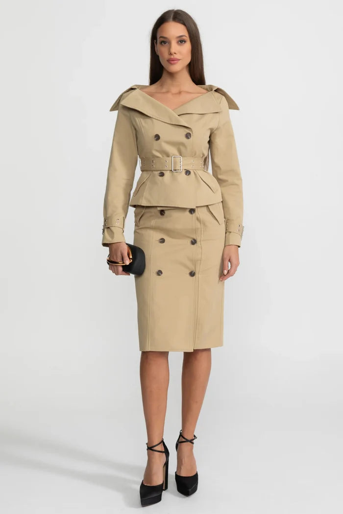 Off-Shoulder Peplum Trench Jacket and Pencil Skirt Co-Ord Set – Khaki
