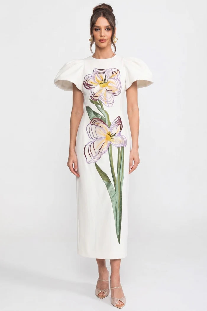 Structured Shoulder Maxi Dress With 3D Iris Floral Appliqué - White