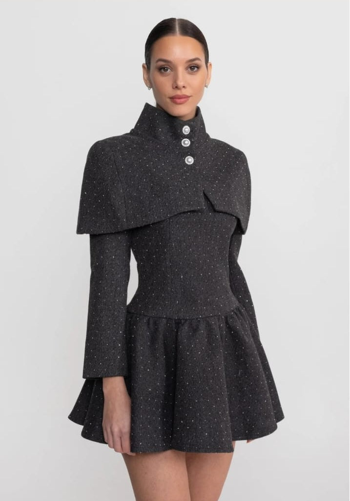 Long Sleeve Mini Dress With Detachable Cape Overlay - Charcoal