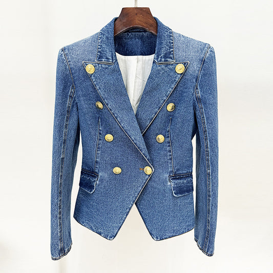 Double-breasted wash denim blazer