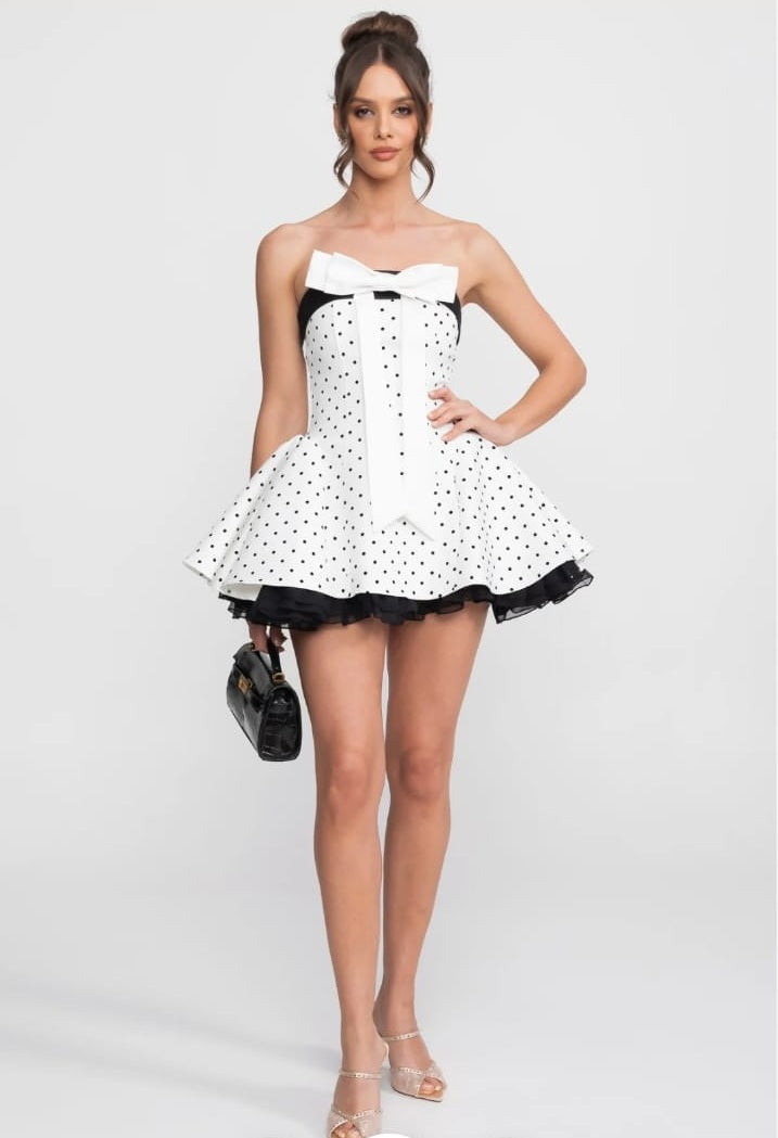 Strapless Velvet Mini Dress With Satin Bow And Ruffle Hem - White
