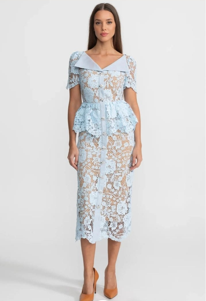 Lace Midi Dress with Peplum Waist and Satin Collar - Baby Blue