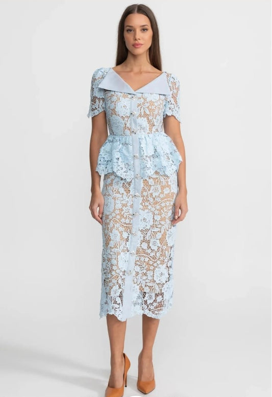 Lace Midi Dress with Peplum Waist and Satin Collar - Baby Blue