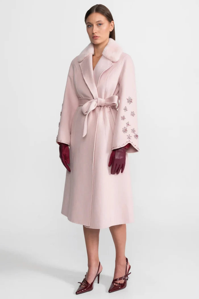 Embellished Wool Overcoat With Fox Fur Collar – Pink