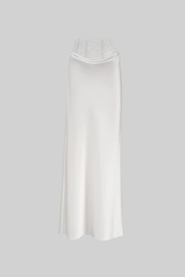 Satin Maxi Pencil Skirt with Lace Corset Waist – White