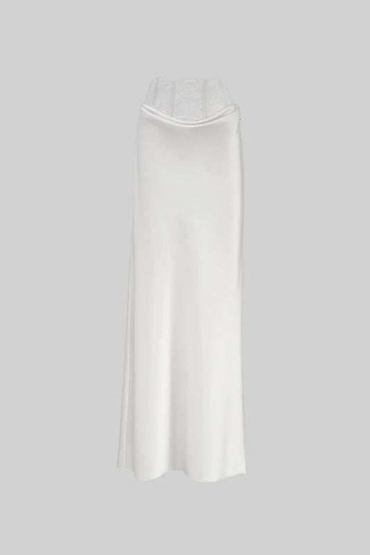 Satin Maxi Pencil Skirt with Lace Corset Waist – White