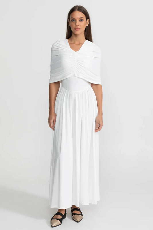 Gathered Jersey Maxi Dress with Cape Effect - White