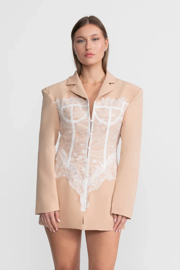 Lace Corset Blazer Dress With Deep V-neckline – Peach