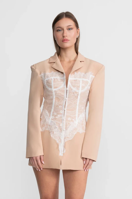 Lace Corset Blazer Dress With Deep V-neckline – Peach