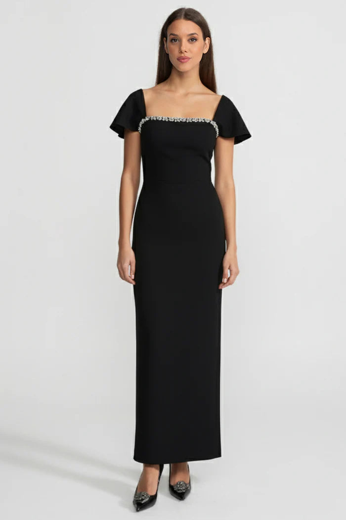 Off-Shoulder Fitted Gown With Crystal Embellishments – Black