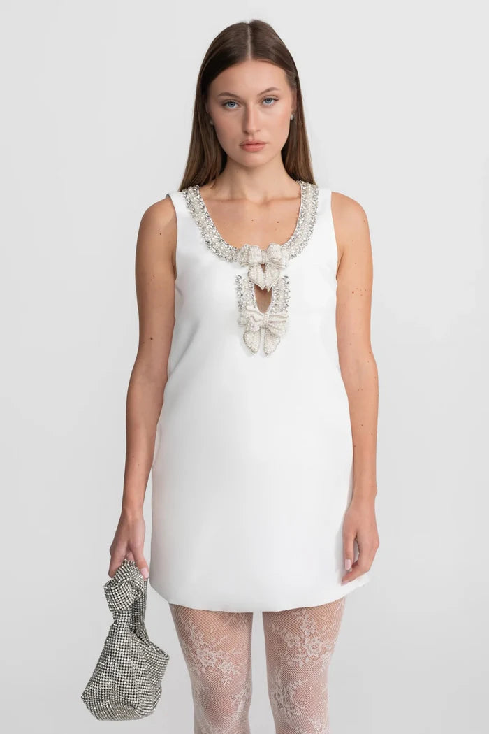 Embellished Pearl Bow Detail Mini Dress – White