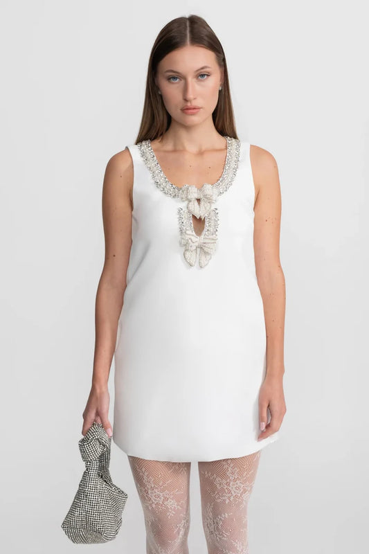 Embellished Pearl Bow Detail Mini Dress – White