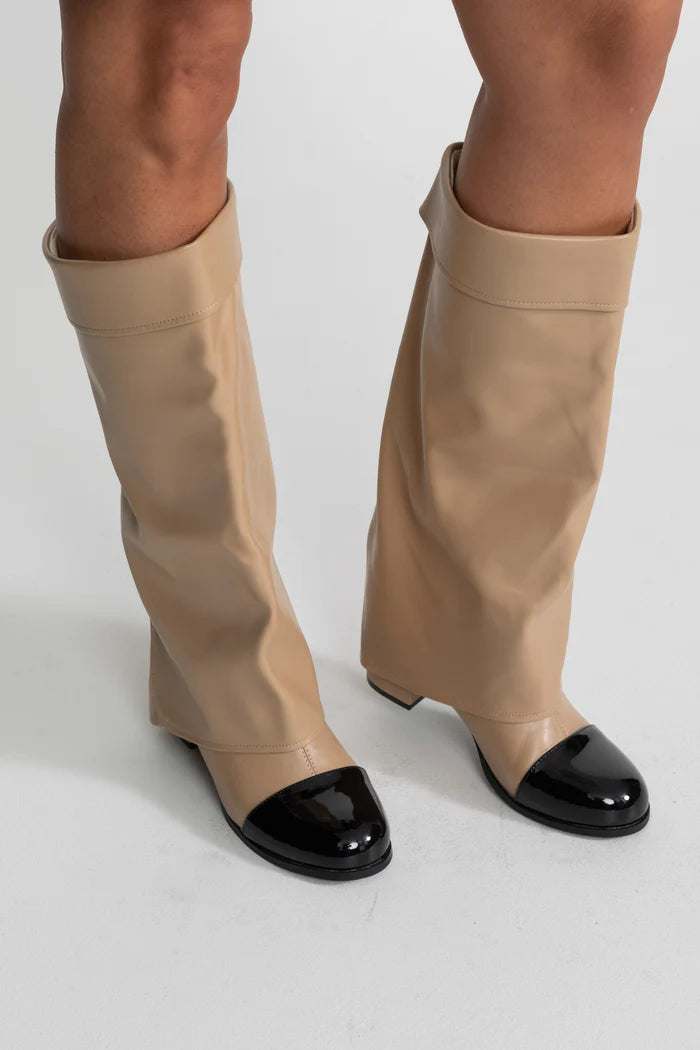 Folded Knee-High Boots With Patent Cap Toe – Beige