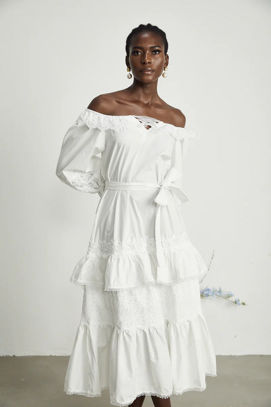 Capucine lace-trim cut-out layered midi dress