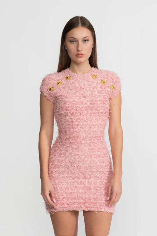 Textured Tweed Mini Dress With Gold Button Embellishments – Pink