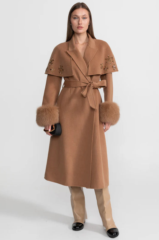 Embellished Wool Coat with Fox Fur Cuffs And Cape Overlay - Light Brown