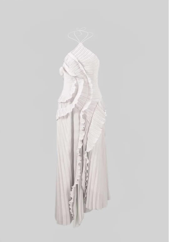 Falten Halfter Midi Kleid mit kaskadierenden Rüschendetails - Weiß