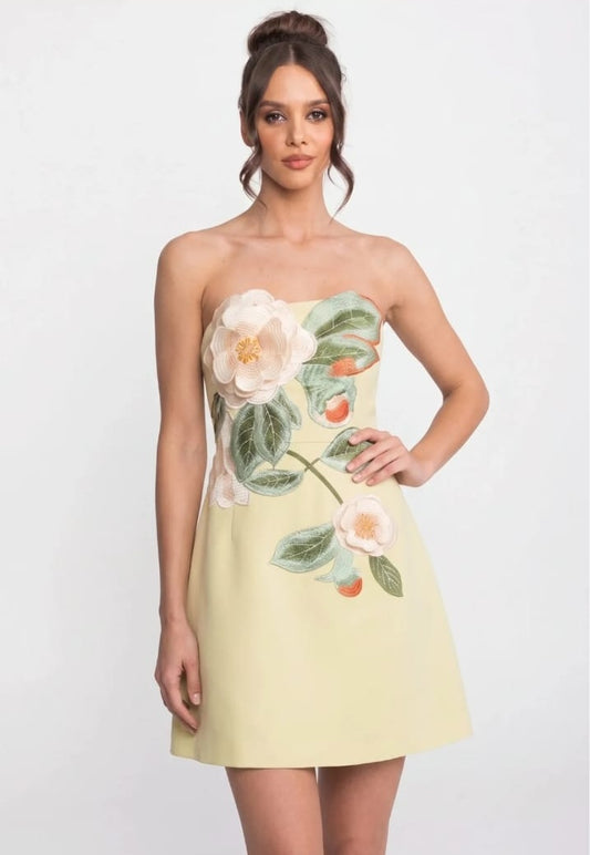 Strapless Mini Dress With 3D Camellia Floral Appliqué - Yellow