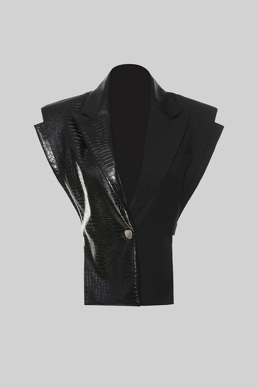 Dual-Fabric Sleeveless Fitted Blazer - Black