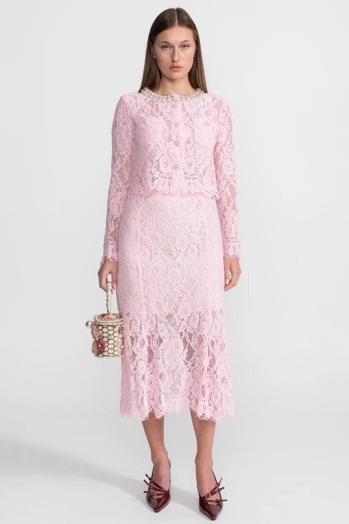 Lace Co-ord Set with Embellished Collar and Buttons - Pink