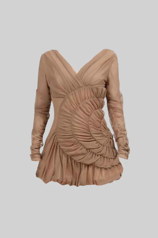 Draped Mini Dress with Spiral Ruched Detailing - Nude