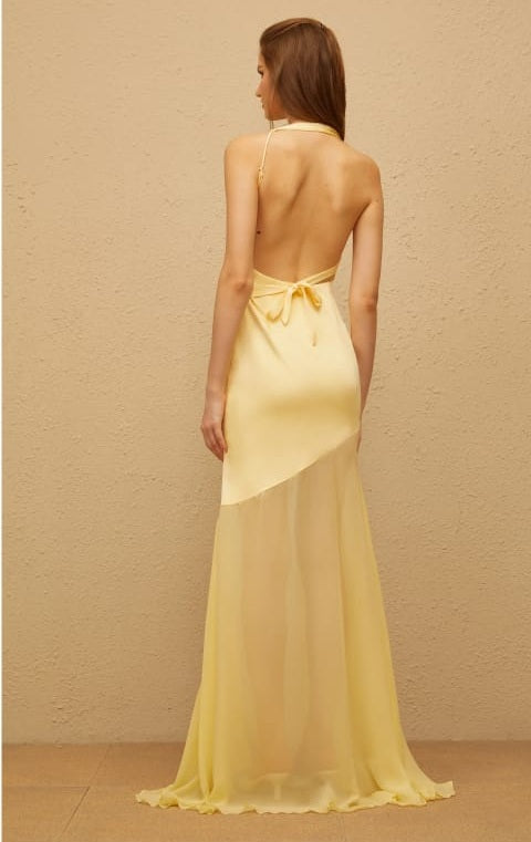 Chantal Yellow Asymmetrical Satin Maxi Dress