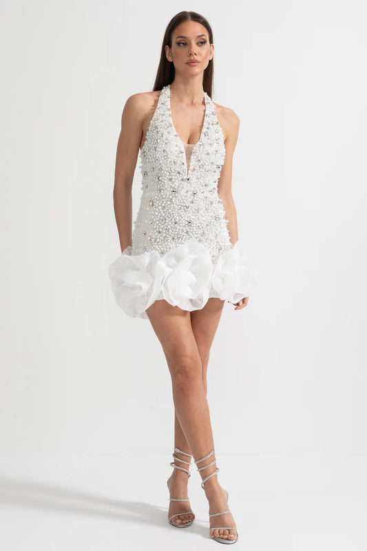 Sleeveless Mini Dress With Deep V-Neckline And Intricate Pearl And Bead Embellishments - White