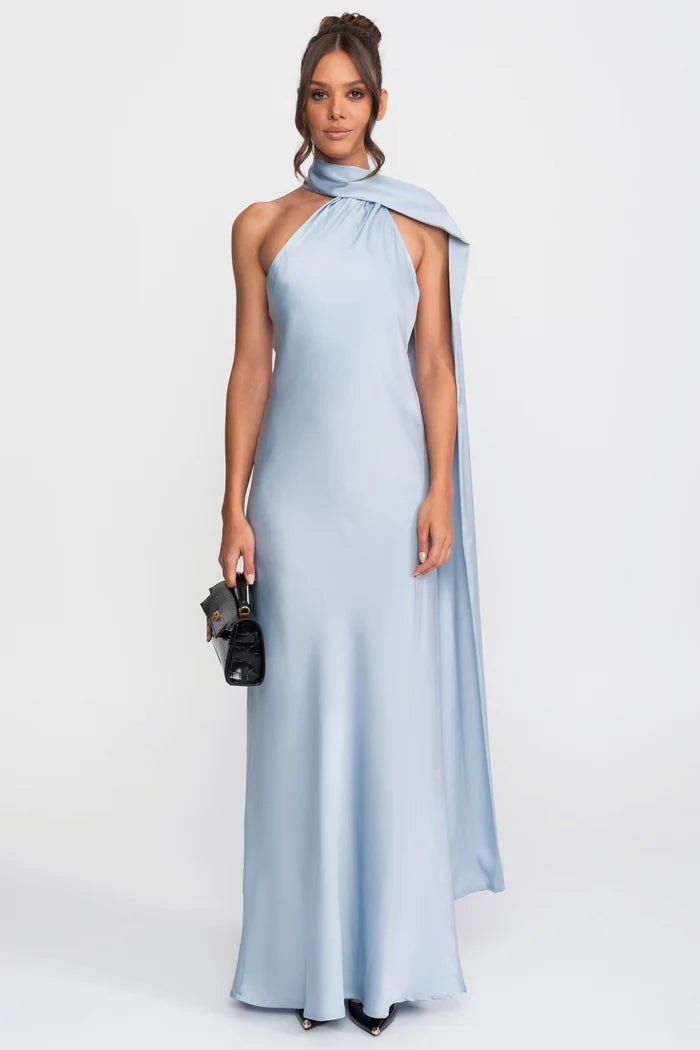 Twist Halter Satin Slip Dress With Asymmetric Neckline - Blue