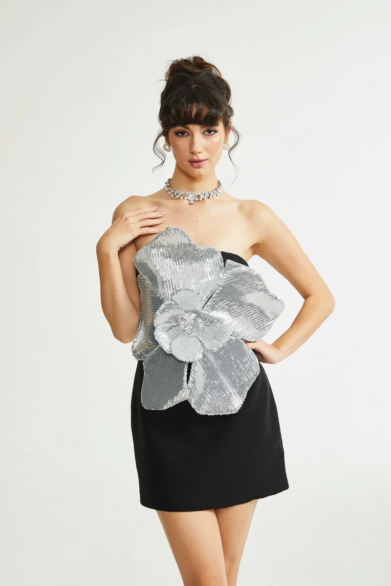 Florence Faux-Flower Mini robe en noir