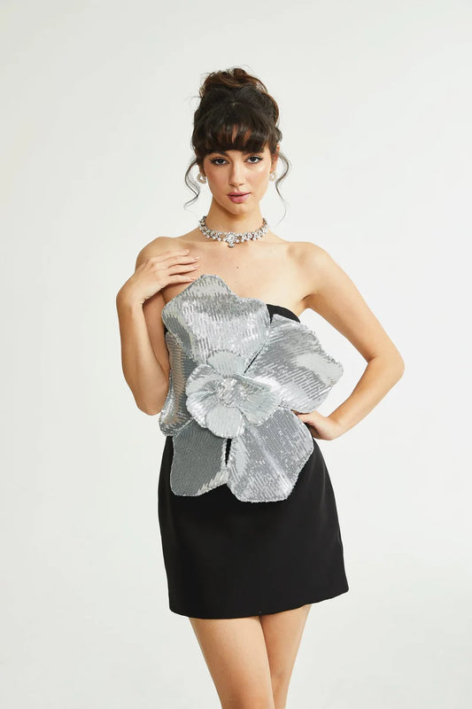 Florence Faux-Flower Mini robe en noir