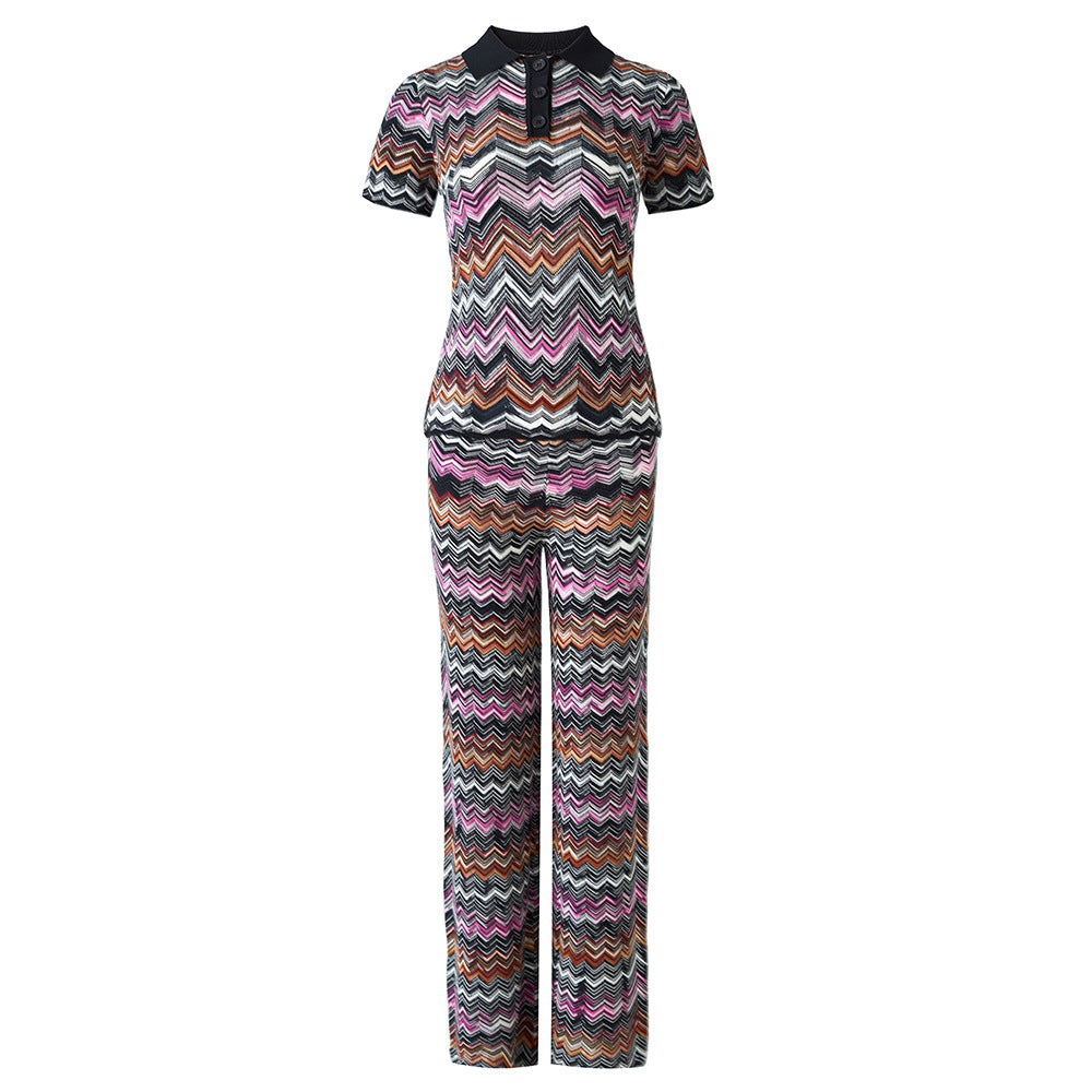 Polo Collar Short Sleeve Top Elastic Waist Trousers Fashion Suit
