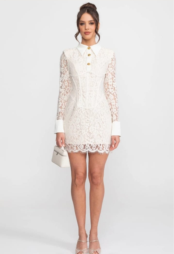 Long Sleeved Lace Mini Dress With Scallop Hem - Ivoire