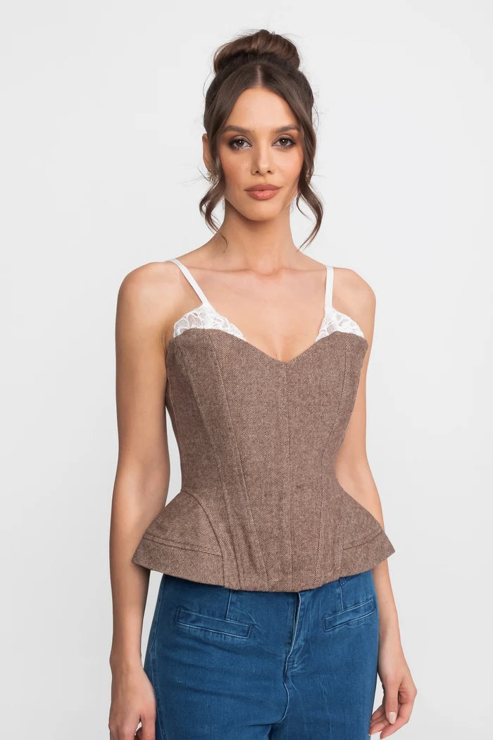 Structured Tweed Corset Top With Lace Straps And Peplum Hem - Brown