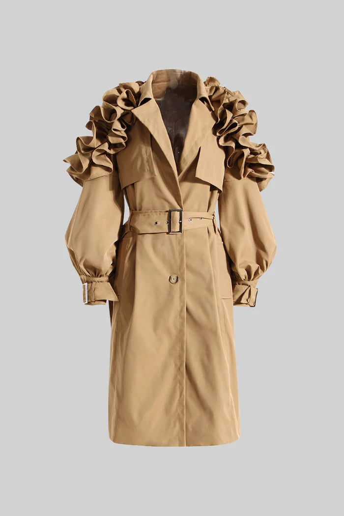 MADISON Ruffled Trench Coat - Brown