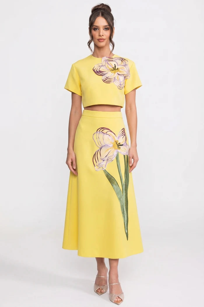 Short-Sleeve Floral-Print Co-Ord Set With Crop Top And Maxi Skirt - Yellow