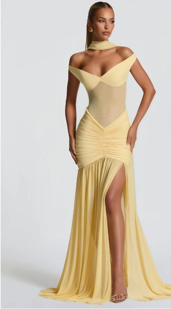 Geneviève Yellow Off Shoulder Ruched Maxi Dress