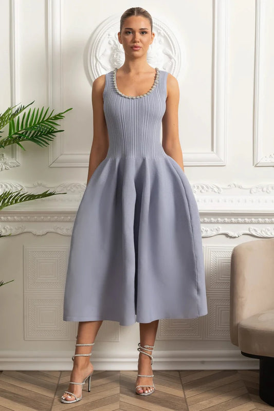 Beaded Scoop-Neck Ribbed Midi Dress - Baby Blue