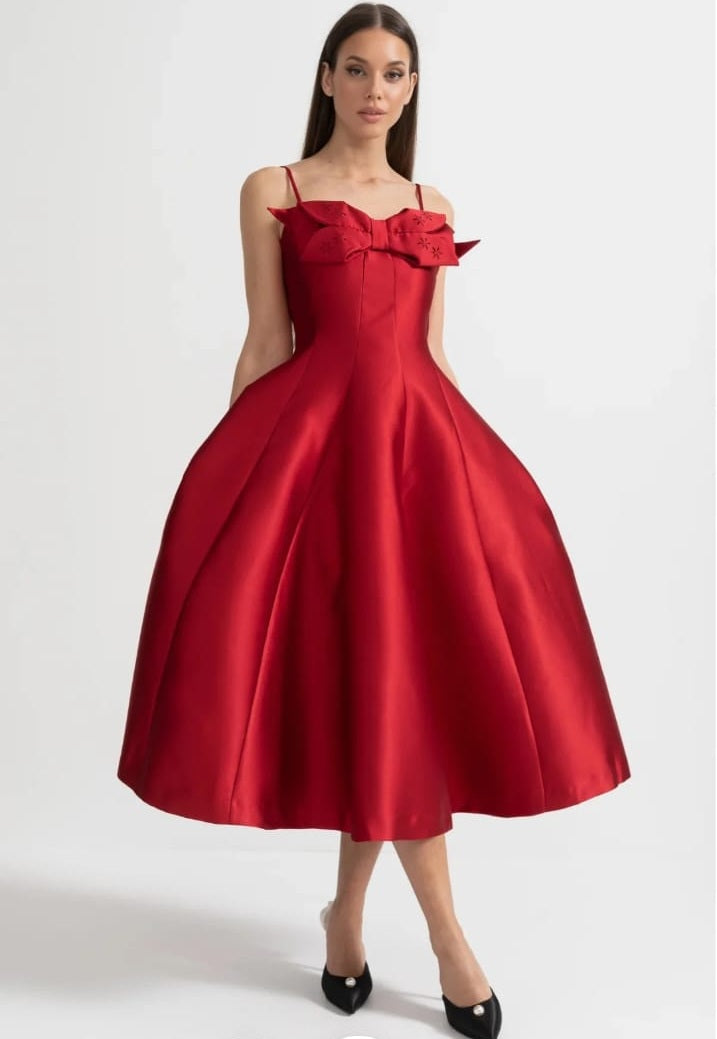 Midi Satin Dress With Fitted Bodice, Delicate Thin Straps And Bow Accent - Red