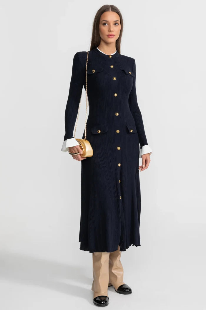 Ribbed Knit Midi Dress with Gold Button Fastening - Dark Blue