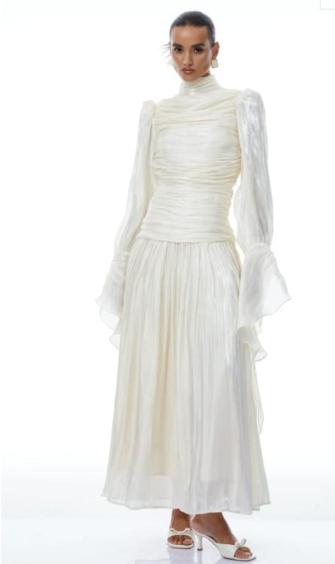 Sarolta Neutral Glossy Ruched Maxi Dress