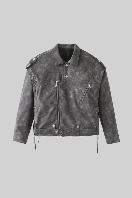 Vegan Leather Jacket With Stitched Back Details - Charcoal