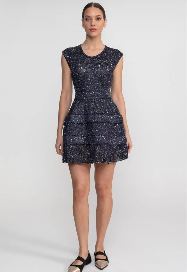 Sequin Cap Sleeve Mini Dress With Tiered Ruffle Skirt - Navy